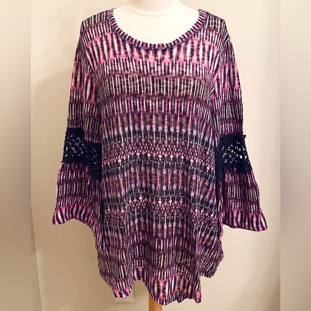 JohnPaulRichard Woman Purple Blue SZ 2X 70s Retro Boho Festival Crochet Trim Top